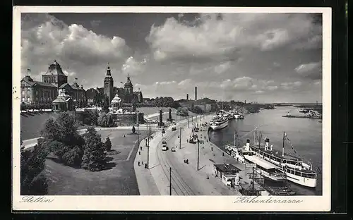 AK Stettin, Hakenterrasse mit Strassenbahn und Dampfschiffen vor Anker