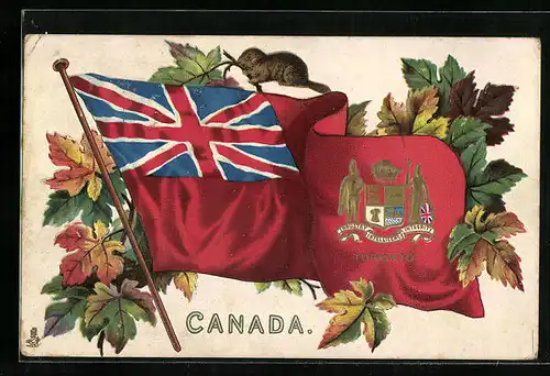 Präge-AK Toronto, Stadtwappen auf Landesflagge mit Blattlaub dekoriert