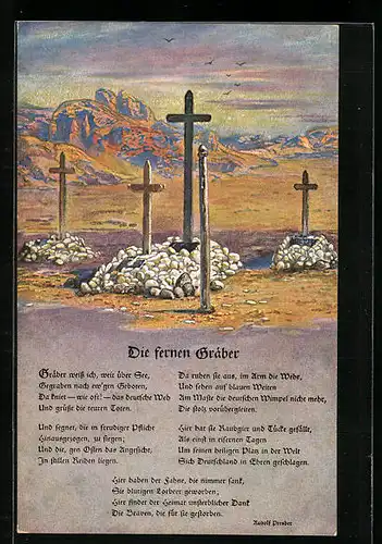 Künstler-AK Kriegsgräber in einer felsigen Landschaft, Gedicht