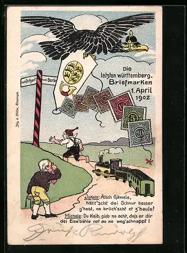 AK die letzten württembergischen Briefmarken 1902, Michel weint, Jokele zieht eine Eisenbahn, Adler mit Pickelhaube