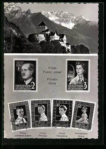 AK Vaduz, Schloss, Fürst Franz Josef und Fürstin Gina von Liechtenstein mit ihren Kindern