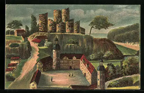 Künstler-AK Bad Lobenstein, Burgruine mit dem 1601 erbauten und 1714 abgebrannten neuen Schloss