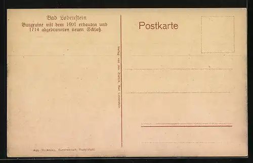 Künstler-AK Bad Lobenstein, Burgruine mit dem 1601 erbauten und 1714 abgebrannten neuen Schloss