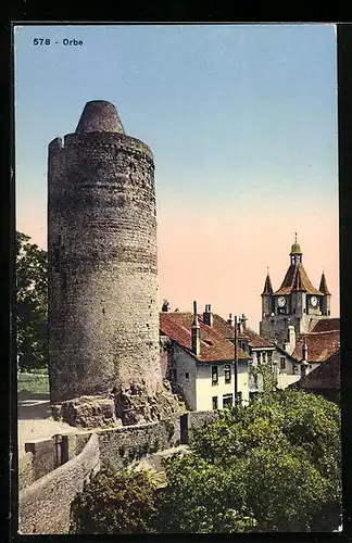 AK Orbe, Ortspartie mit Turm