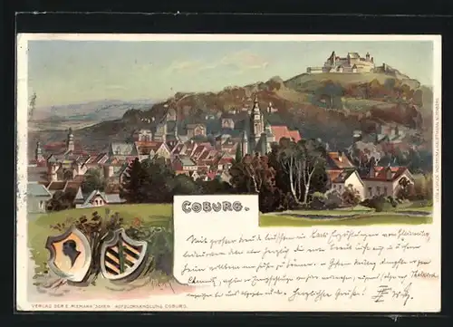 Lithographie Coburg, Totalansicht und Wappen