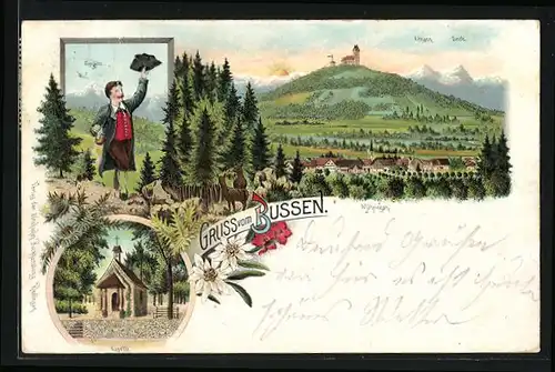 Künstler-AK Möhringen, Teilansicht mit Altmann und Sentis, Kapelle auf dem Bussen, Zugspitze