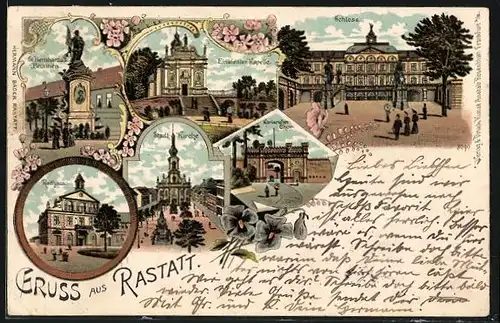 Lithographie Rastatt, Rathaus, Schloss, Stadtkirche, Einsiedlerkapelle