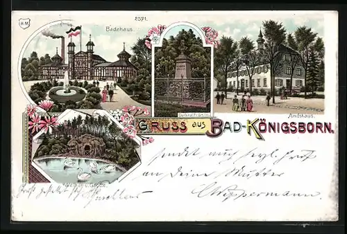 Lithographie Bad-Königsborn, Badehaus, Amtshaus, Weiher u. Grotte