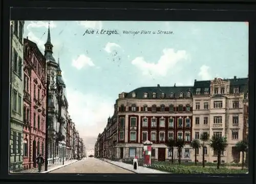AK Aue i. Erzgeb., Wettiner Platz u. Strasse