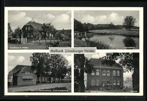 AK Melbeck /Lüneburger Heide, Gast- u. Pensionshaus Zum Lindenhof, Kaufhaus A. Peters, Strandbad, Schule