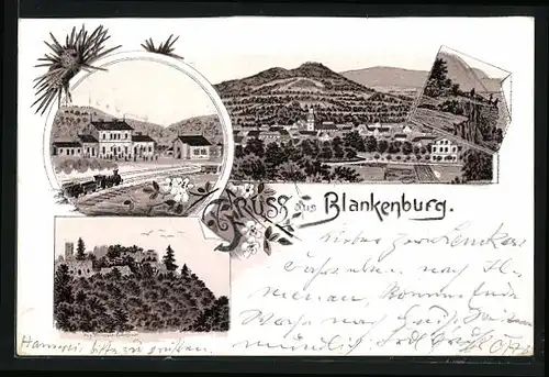 Lithographie Blankenburg, Bahnhof, Ortsansicht