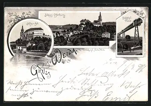 Lithographie Weida, Schloss Osterburg, Oschützthal-Viadukt