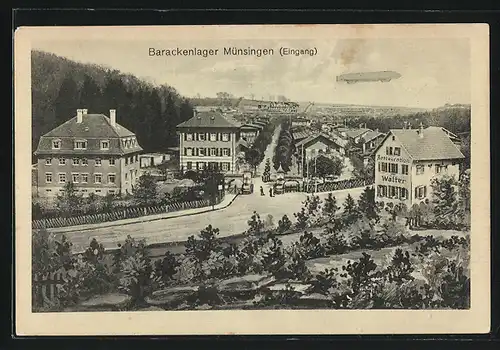 AK Münsingen, Eingang zum Barackenlager, Zeppelin