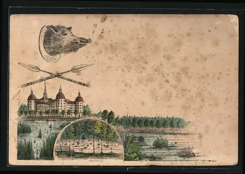 Lithographie Moritzburg, Ortsansicht, Wildfütterung, Jagdtrophäe