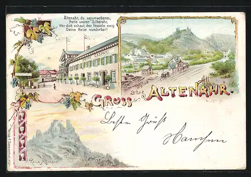 Lithographie Altenahr, Strassenpartie am Hotel Caspari, Teilansicht mit Bahnhof