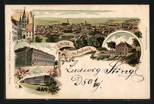 Lithographie Ansbach, Prinzenschloss, Kgl. Orangerie, St. Gumbertus-Kirche