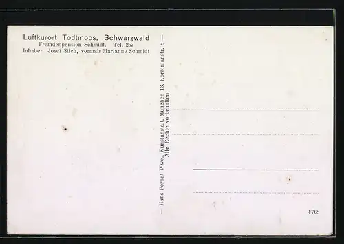 AK Todtmoos /Schwarzwald, Fremdenpension Schmidt, Inh.: Josef Stich