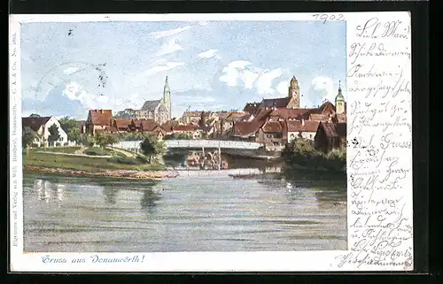 Künstler-AK Donauwörth, Ortsansicht am Fluss mit Brücke