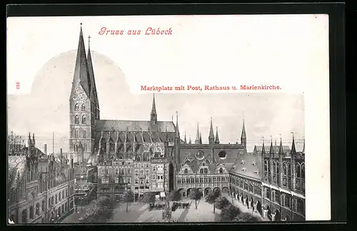 AK Lübeck, Marktplatz mit Post, Rathaus und Marienkirche