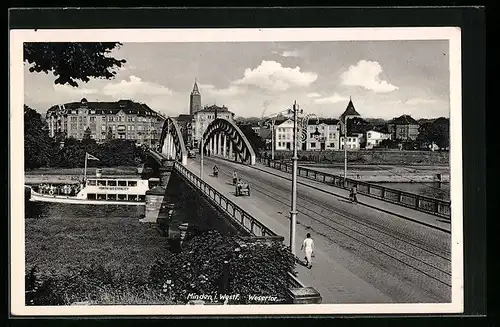 AK Minden i. Westf., Wesertor mit Brücke und Dampfer-Porta Westfalica