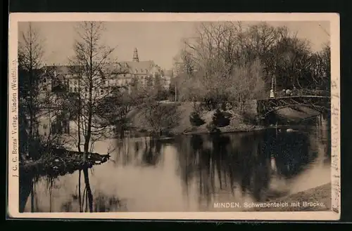 AK Minden, Schwanenteich mit Brücke