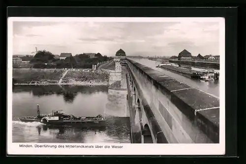 AK Minden, Überführung des Mittellandkanals über die Weser mit Dampfer Minden