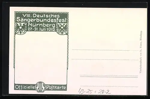 Künstler-AK Nürnberg, 8. Deutsches Sängerbundes-Fest 1912, Germane mit Trinkhorn, Wappen