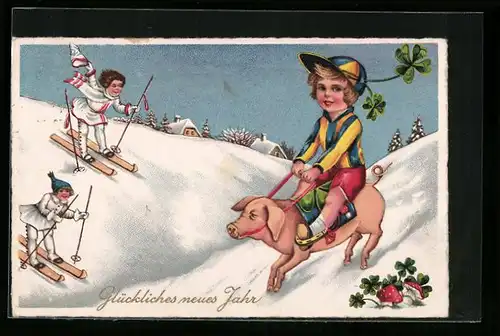 Künstler-AK Junge auf Schwein, Kinder auf Skiern zu Neujahr