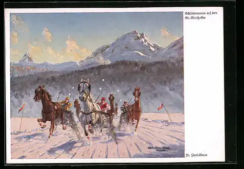 Künstler-AK Schlittenrennen auf dem St. Moritz-See