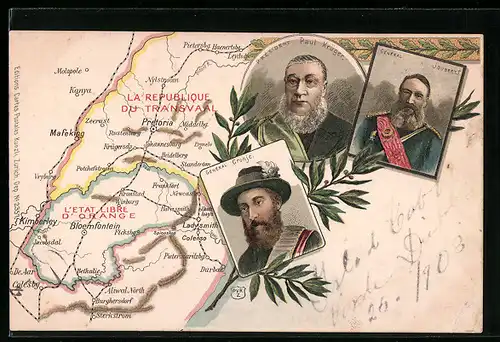 Lithographie Landkarte von Südafrika während des Burenkrieges, General Joubert, Präsident Krüger