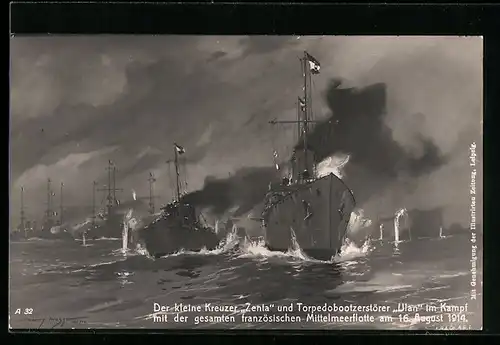 Künstler-AK Harry Heusser: Kreuzer Zenta und Torpedobootzerstörer Ulan 1914 im Kampf