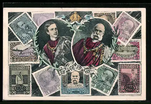 Künstler-AK Kaiser Franz Josef I. im jungen und fortgeschrittenen Alter, Briefmarken des Österr. Kaisers