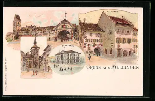 Lithographie Mellingen, Rathaus, Schulhaus, Ortspartie