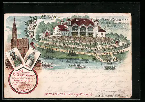 Vorläufer-Lithographie Strassburg i. E., Haupt-Restaurant in der Industrie- & Gewerbe-Ausstellung 1895