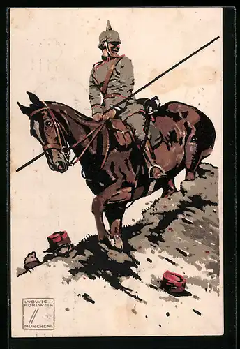 Künstler-AK Ludwig Hohlwein: Soldat der Kavallerie auf seinem Pferd in Uniform mit Pickelhaube