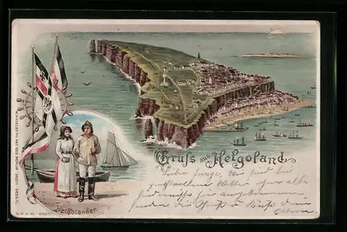 Lithographie Helgoland, Blick zur Insel, Helgoländer in Tracht, Halt gegen das Licht: beleuchtete Fenster