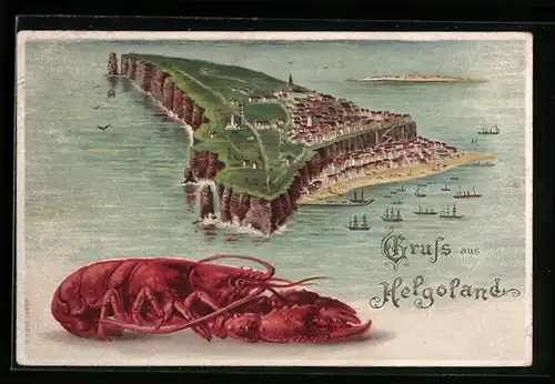 Lithographie Helgoland, Insel aus der Vogelschau mit Hummer