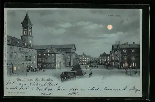 Mondschein-AK Karlsruhe, Marktplatz mit Hotel Grosse, Halt gegen das Licht: beleuchtete Fenster