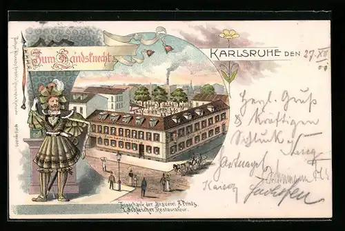 Lithographie Karlsruhe, Gasthaus zum Landsknecht von I. Schleicher