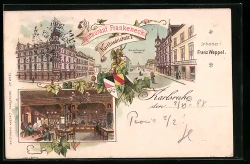 Lithographie Karlsruhe, Restaurant Frankeneck u. Grossherzogliches Schloss, Karlfriedrichstr. 1, Innenansicht
