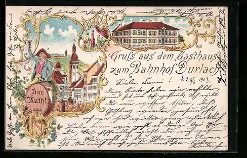 Lithographie Durlach, Gasthaus zum Bahnhof