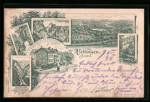 Lithographie Vehlingen /Baden, Gasthaus zum Posthorn, Schluchttunnel, Falkenstein