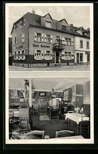 AK Karlsruhe-Knielingen, Restaurant zum Bahnhof von A. Frei, Innen- und Aussenansicht