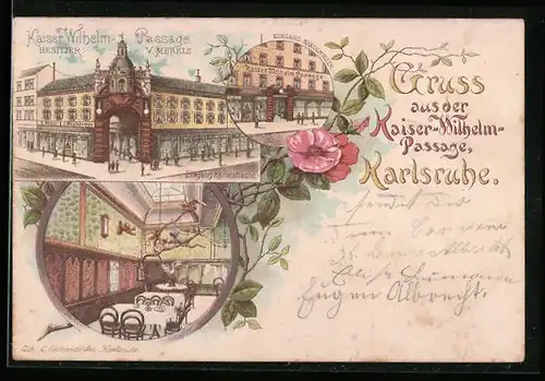 Lithographie Karlsruhe, Kaiser Wilhelm-Passage, Eingang Kaiserstrasse, Eingang Akademiestrasse, Restaurant