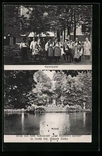 AK Zerbst, Restaurant von Rephuns Garten, mit Teich und Garten