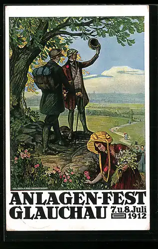 Künstler-AK Glauchau, Anlagen-Fest 1912, Zwei Wanderer mit Frau und Panorama