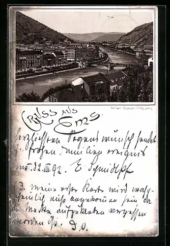 Vorläufer-Lithographie Ems, 1892, Ortsansicht mit Brücken aus der Vogelschau