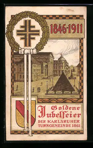 AK Karlsruhe, Karlsruher Turngemeinde 1861, Jubelfeier 1911, Ortspartie mit Pyramiden-Denkmal, Wappen, Turner-Signet