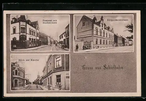 AK Schiefbahn, Blick zur Kirche mit Restaurant, Postamt mit Hochstrasse, Bürgermeisteramt