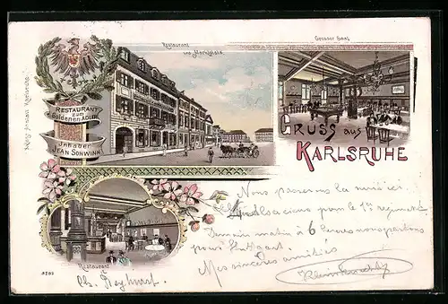 Lithographie Karlsruhe, Restaurant zum goldenen Adler J. Sohwinn mit Marktplatz und Saal